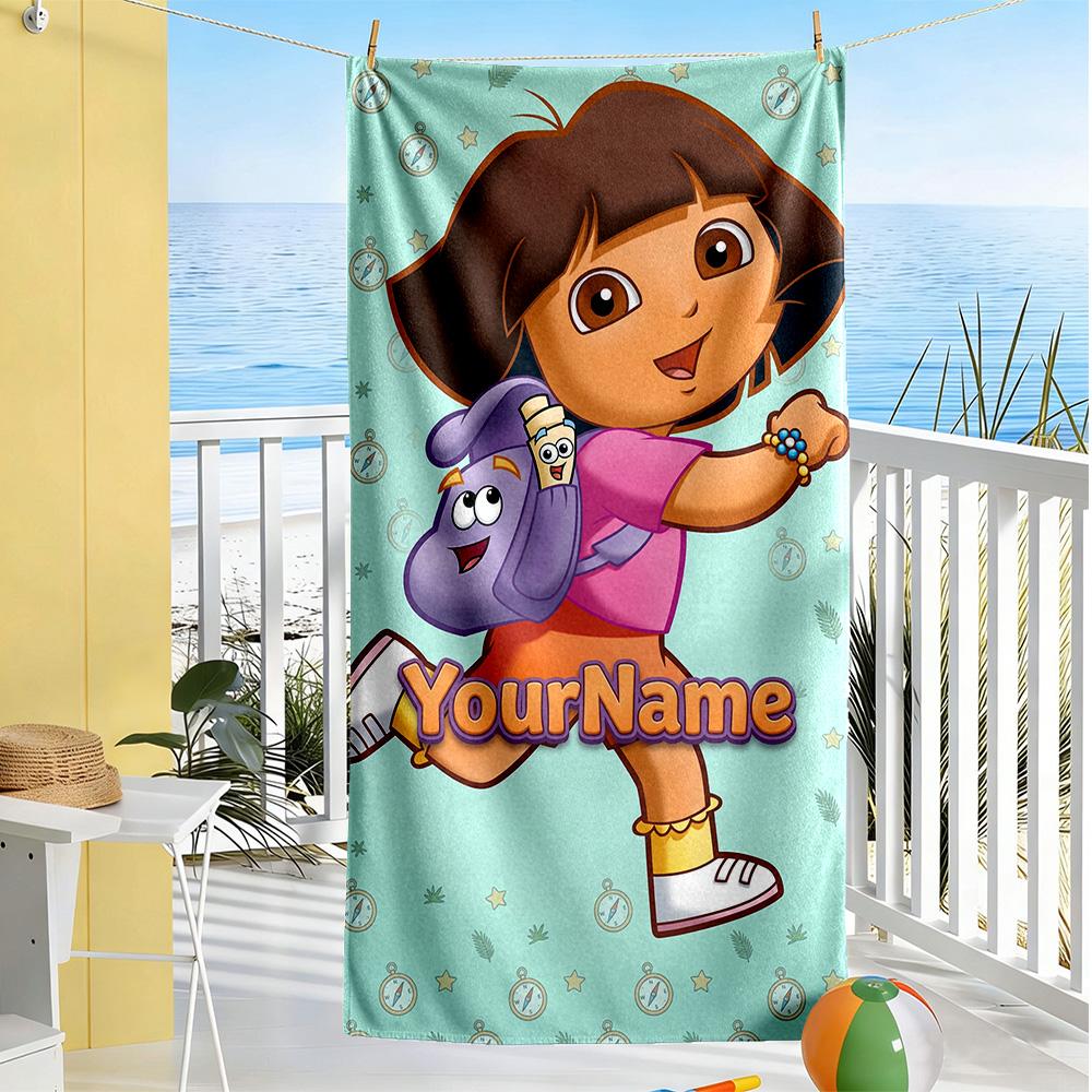 Dora Explorer Customize Text Beach Towel Quick-Dry Soft Microfiber Ideal for Travel Outdoor Swim Pool Yoga Surf Camping Hiking Gym Gift Holiday