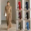 Rochie Maxi de Damă cu Guler Înalt, Rupturi și Volane, Mânecă Lungă, Croială Strâmtă, Drapată, Rochie de Petrecere