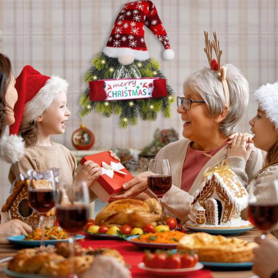 Lighted Christmas Gnome Wreath Artificial Pine Spruce Wreath for Front Door Swedish Tomte Hanging