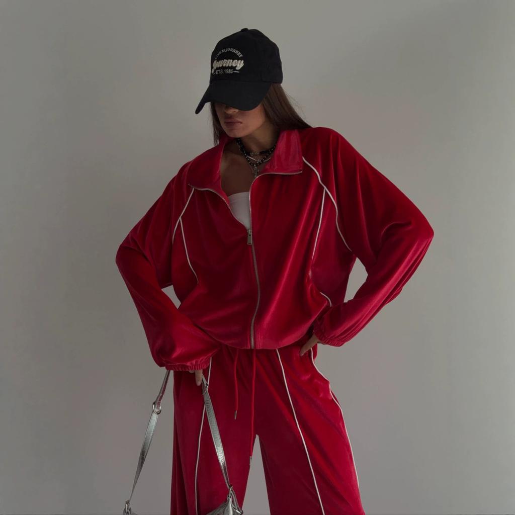 2026 new European and American style red velvet casual suit women's long-sleeved zipper cardigan, wide-leg trousers striped bump