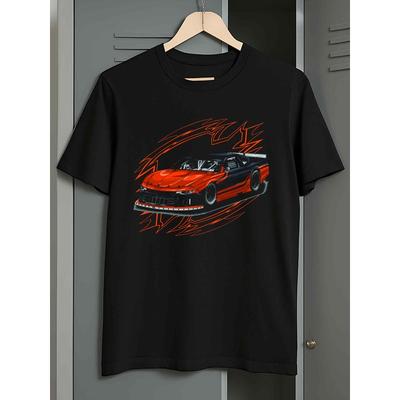 Men'S 180g Heavyweight Cotton Racing Car T-Shirt - Vintage Car & Classic Race Track Print with Red/White Classic, Casual Round Neck Short Sleeve Tee