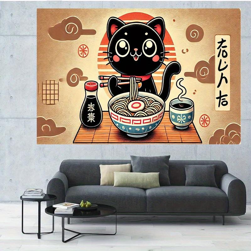 2D Plane Background Fabric of a Cute Cat Eating Ramen Multi-purpose Indoor/outdoor Celebration Polyester Fiber