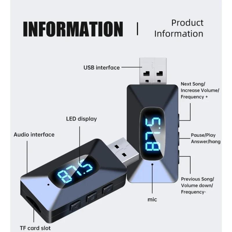 Bluetooth 5.4 FM Transmitter 3.5mm AUX & TF Card Playing Wireless Audio Adapter Hands-Free Calling With MIC HIFI For Car Radio