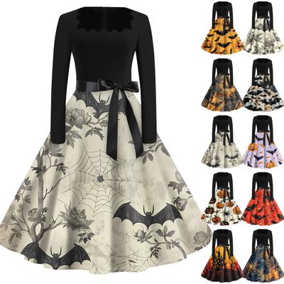 Halloween Print Flare Dress For Women Long Sleeve Dress Hollow Party Casual Dresses
