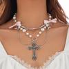 Accessories Punk Metal Cross Imitation Pearl Tassel Necklace, Sweet Cool Bow Necklace