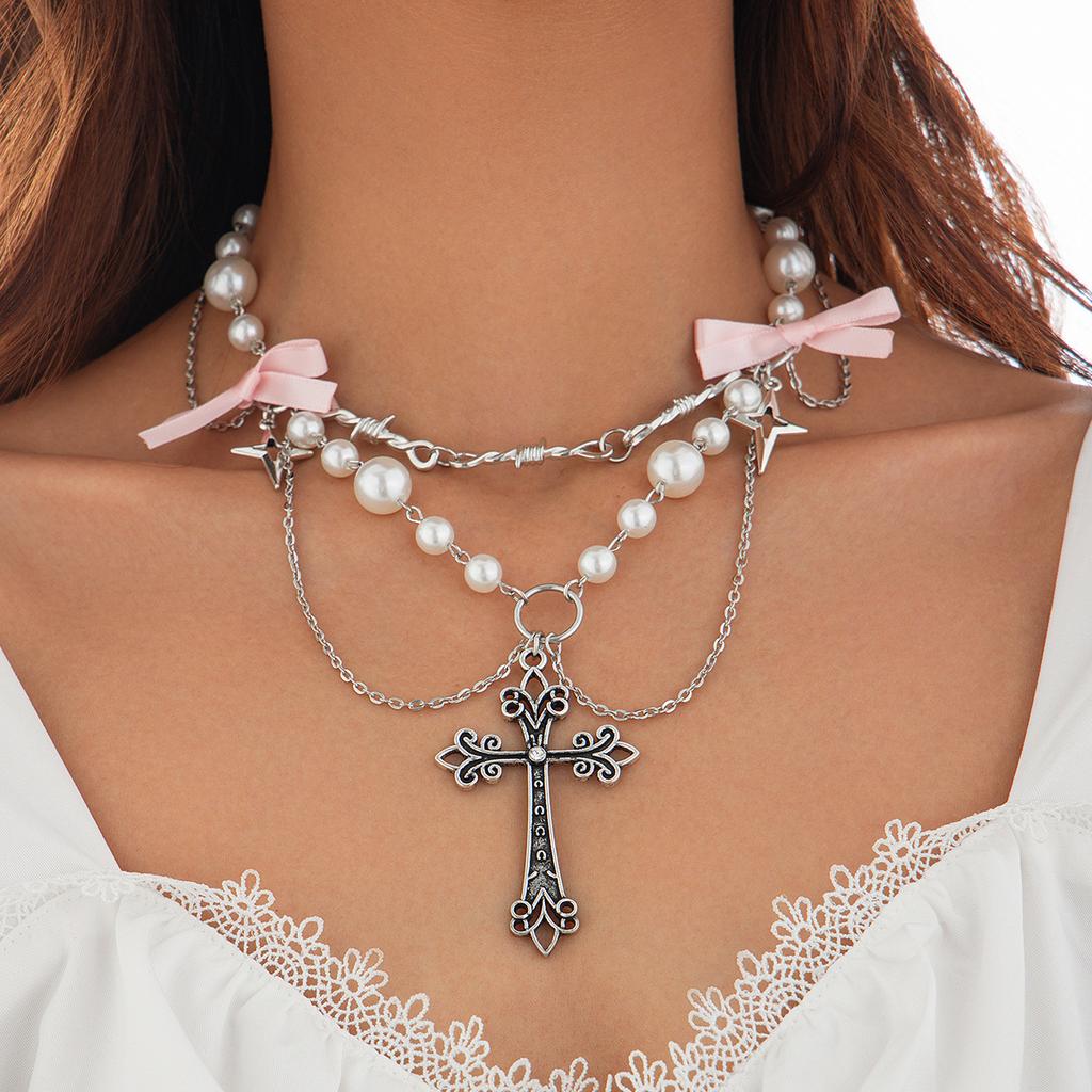 Accessories Punk Metal Cross Imitation Pearl Tassel Necklace, Sweet Cool Bow Necklace