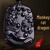 Three-in-One Black Obsidian Zodiac Pendant: Monkey, Rat, Dragon, Tiger, Horse, Dog - Necklace & Keychain for Men and Women