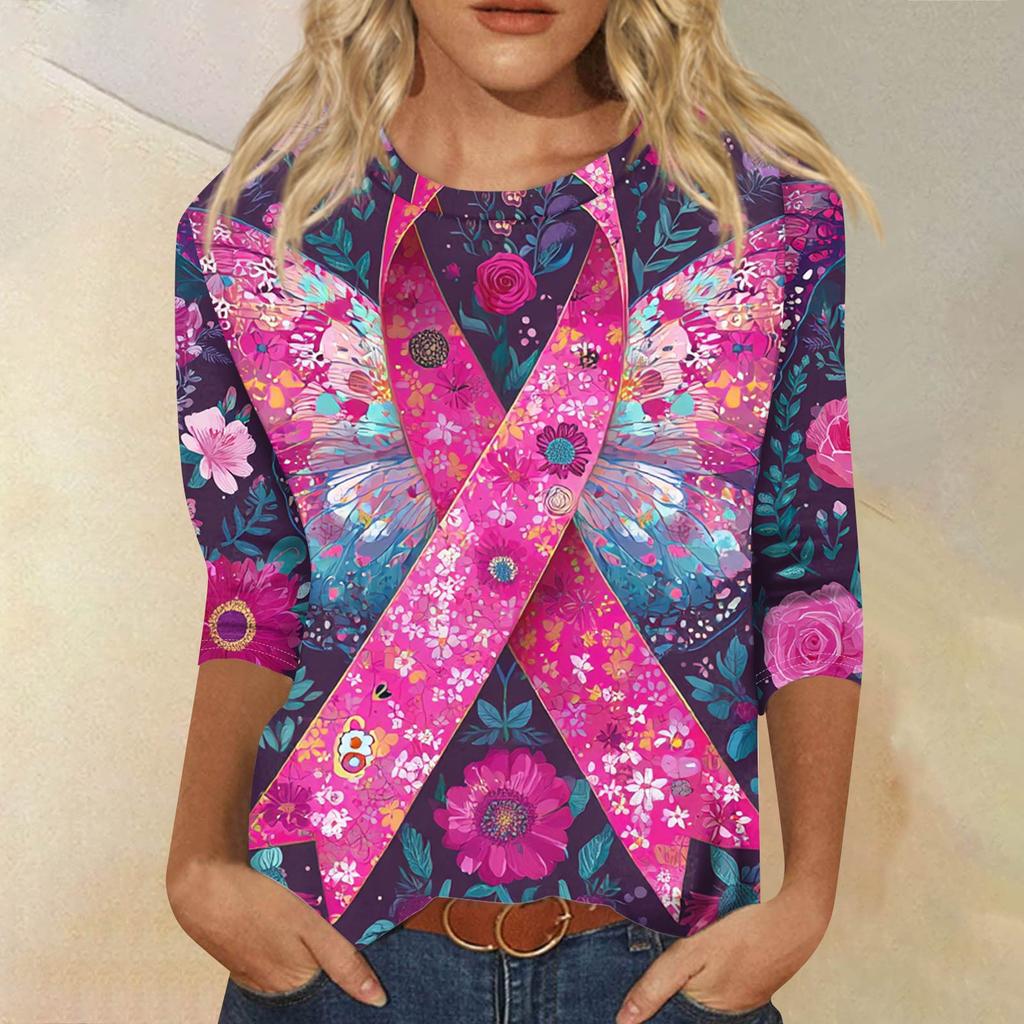 Dámské módní ležérní tričko s potiskem, kulatým výstřihem a sedmidílným rukávem, volného střihu