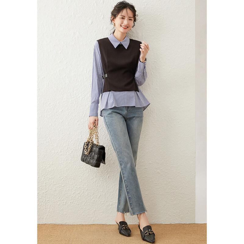 Women's Striped Spliced Pullover Lapel Shirt