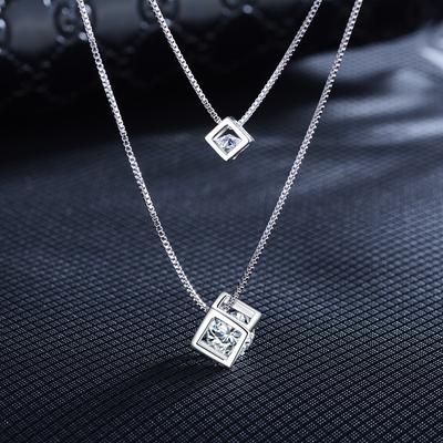 Echt 925 Sterling Zilver Dubbellaags Kristal Vierkant Bedel Hanger Ketting Voor Vrouwen Bruiloft Romantische Sieraden Choker Kraag