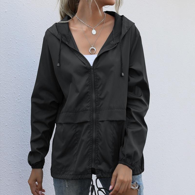 Damen Einfarbig Regenjacke Outdoor Wander-Hoodie Wasserdicht Winddicht Langer Mantel Femme Oberbekleidung Damenbekleidung Windbreaker