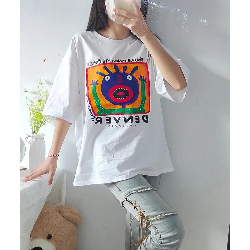 Graffiti cartoon printed cotton t-shirt women's short-sleeved American retro street couple loose half-sleeved top ins tide