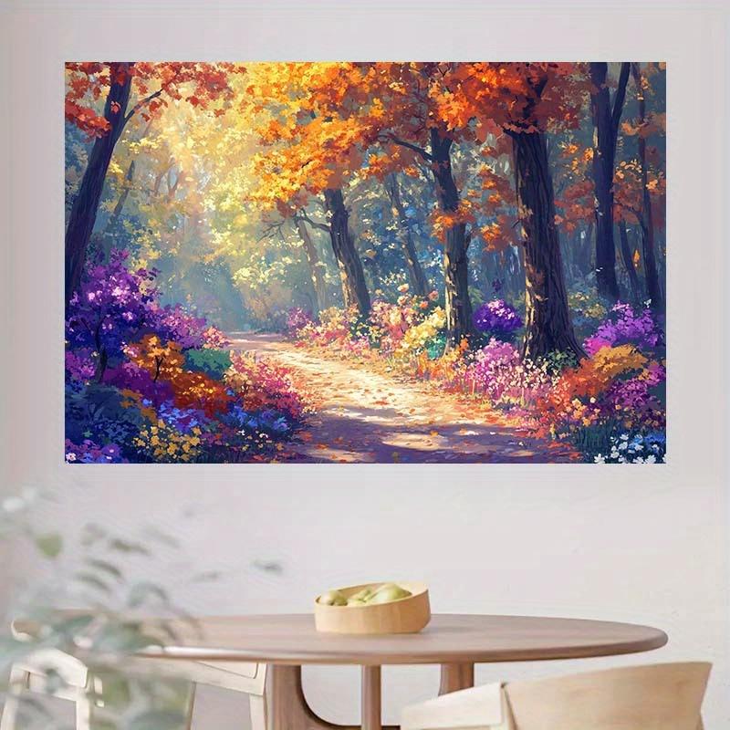 A Colorful Backdrop of an Autumn Forest Trail, Featuring Flowers, Autumn-themed Decorations and a Photography Background