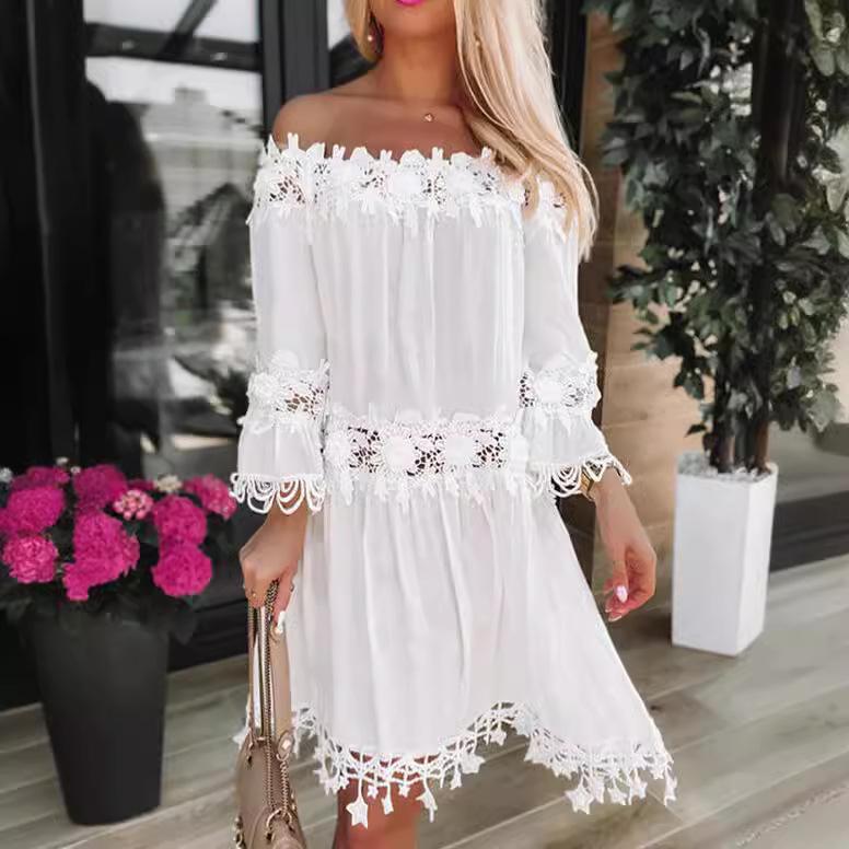 2024 European & American Off-the-Shoulder Lace Trim Dress