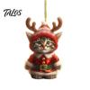 Cute Cat Christmas Decor Santa Ornament, Acrylic Car Mirror Hanging with Holiday Gift Packaging Embellishments Reindeer Antlers, 2D Bag Charm