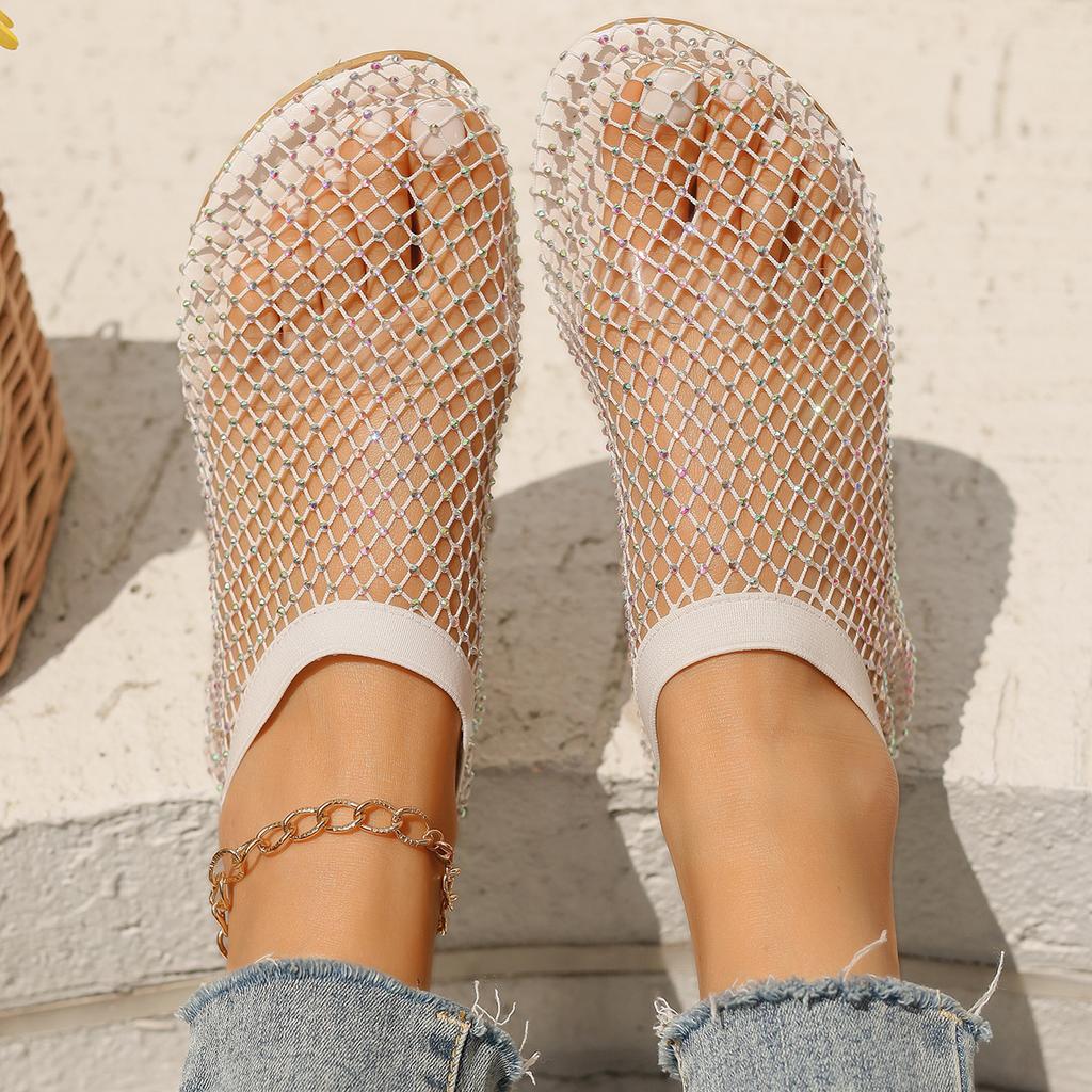 Summer new round head large size sandals hollow rhinestone cover toe sandals summer sexy flat sandals