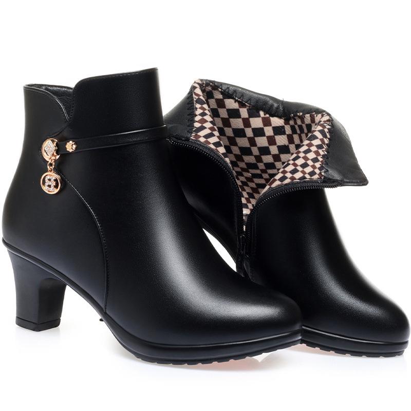 Herbst Winter Neue Hochhackige Kurze Stiefel Damen Dicke Absätze Stiefeletten Hoher Absatz Warme Baumwolle Plüsch Schneestiefel