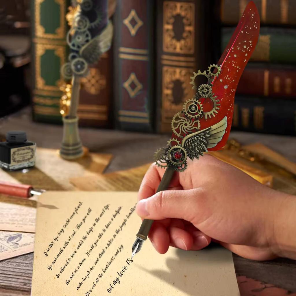 Harry Potter Gold-Sprinkled Fountain Pen Set - Retro Dip Quill Gift