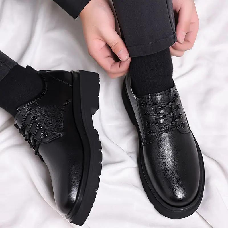 Fashion Leather Shoes for Men Black Thick Sole Platform Round Toe Shipping Free Classic Man Casual Shoe Original Comfortable 2024 Trend