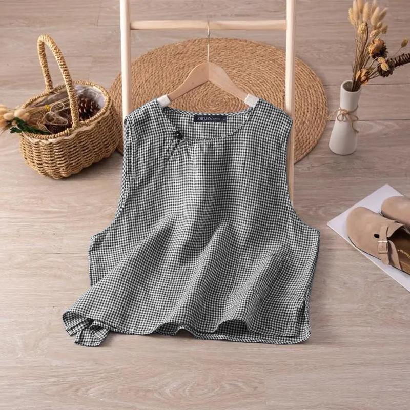 

ZANZEA Женские повседневные майки с круглым вырезом и рукавами в клетку 5XL темно-синий