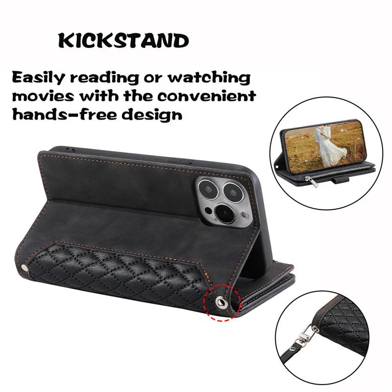 Long Lanyard Flip Leather Wallet Zipper Phone Case for iPhone 16 Pro Max 15 14 11 13 12 X XS XR Plus SE 2022 Card Holder Cover