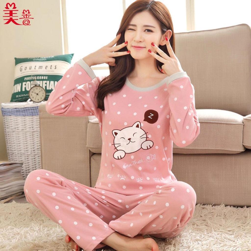 2Pcs/Set Women Long Sleeve Sleepwear Cartoon Anima Pajama Set Long Sleeve Tops Long Pants Casual Sleep Lounge Nightwear