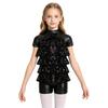 Girls Jazz Dance Costume Mock Neck Short Sleeve Tiered Ruffle Cutout Top Metallic High Waist Shorts Set