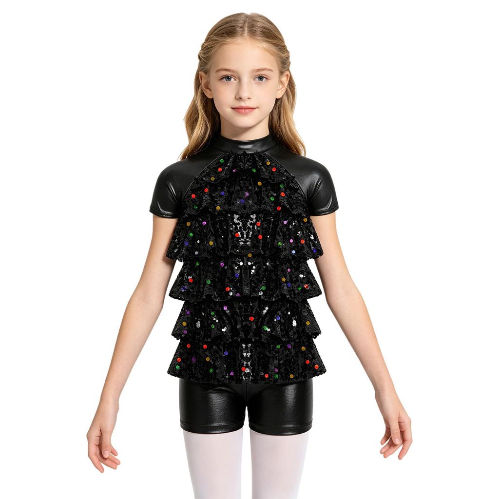 Girls Jazz Dance Costume Mock Neck Short Sleeve Tiered Ruffle Cutout Top Metallic High Waist Shorts Set
