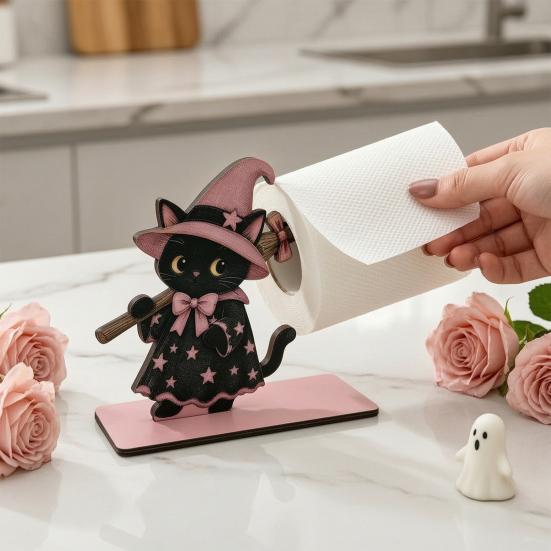 Kreativer Küchenarbeitsplatten-Ständer Halloween Schwarze Katze/Geist Rollenpapierhalter, Vertikaler Holz-Handtuchständer, Funktionale Feiertagshaus-Akzente