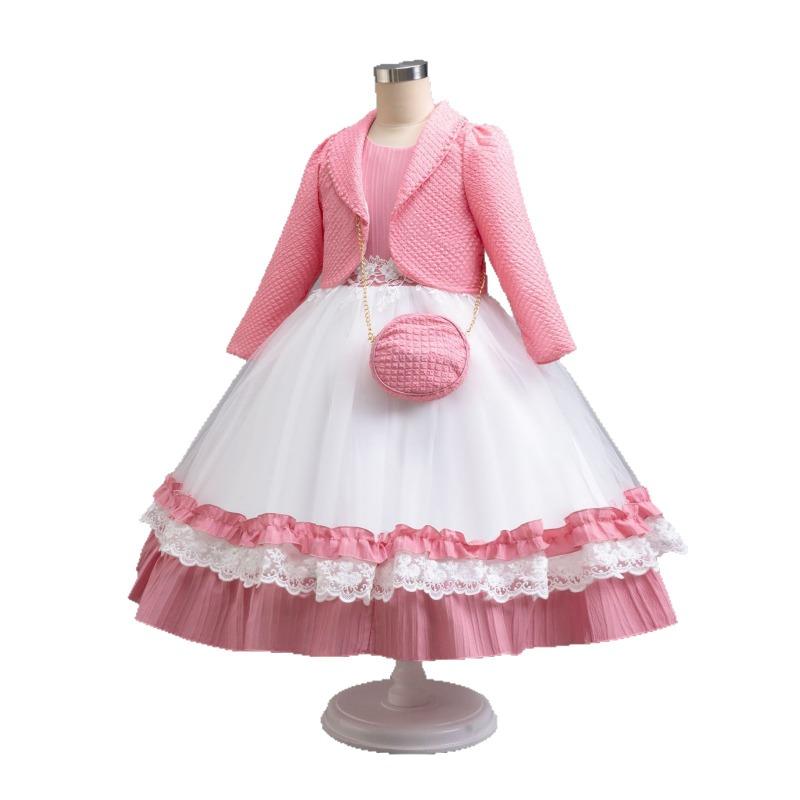 Girls Two Pieces Long Sleeve Color Block Princess Long Formal Dress For Performance Hosting