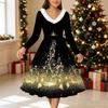 Women Christmas Tree Print Midi Dress, Long Sleeve V‑Neck Furry Trim A‑Line Party Dress, Christmas Limited Edition