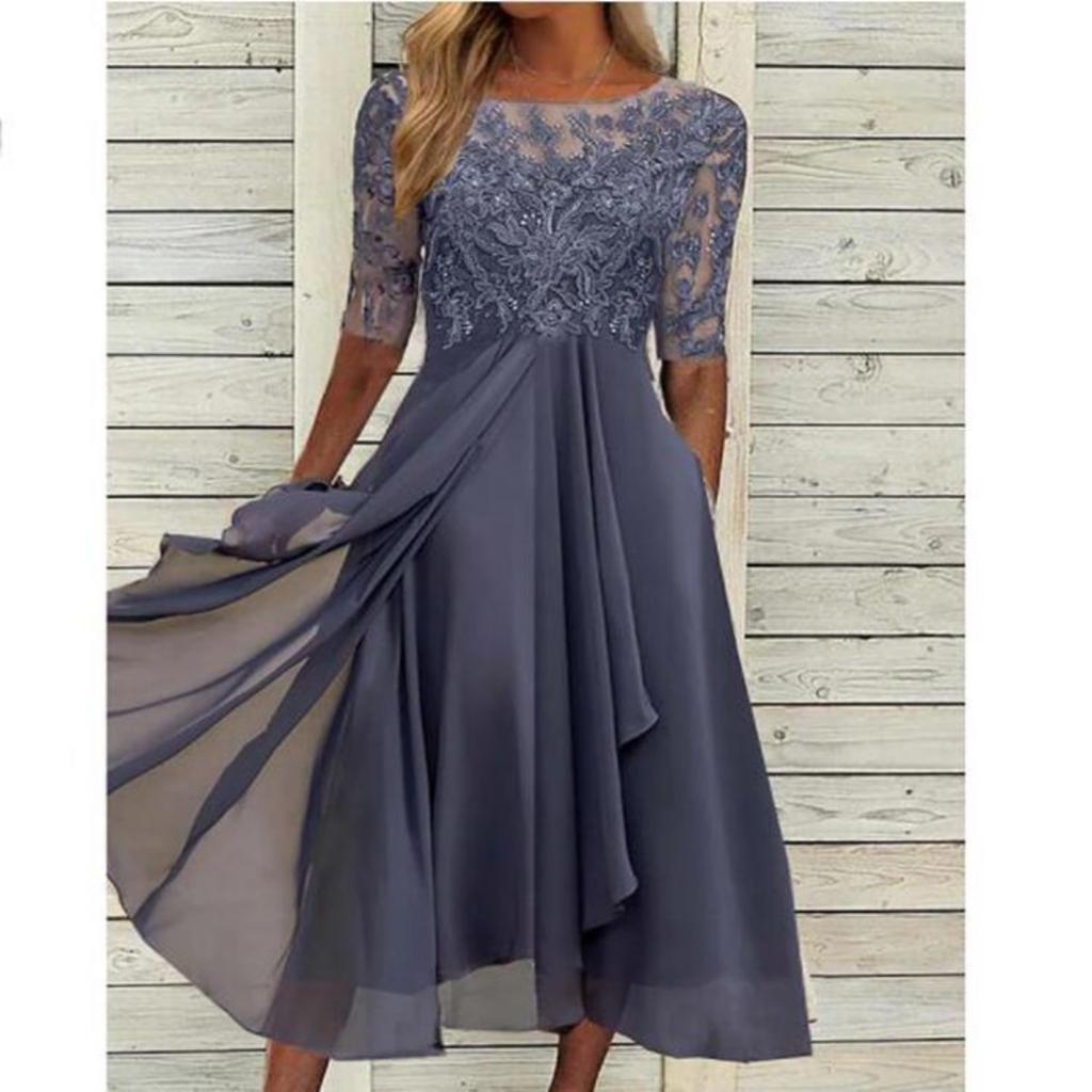 Women's Chiffon Patchwork Lace Hollow Out Long Dress Bridesmaid Evening Party Gown European Style Crossbody Dress for Formal Occasion
