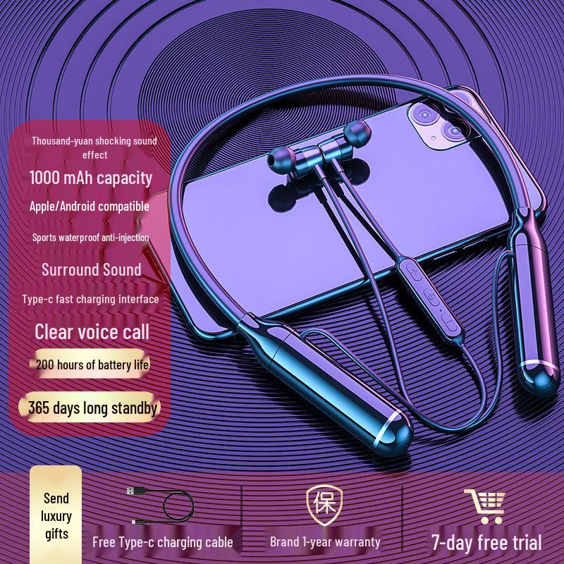2026 Model Genuine Bluetooth Neckband Earphones: 200-Hour Battery, In-Ear Noise Cancellation, Perfect for Gaming and Sports.