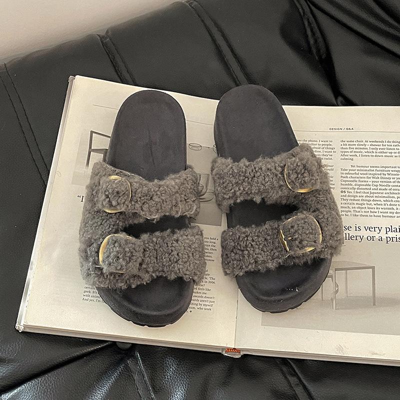 Piaohong versatile retro style buckle one-word fluffy slippers women's 2025 autumn and winter new outer wear home open-toed cotton shoes