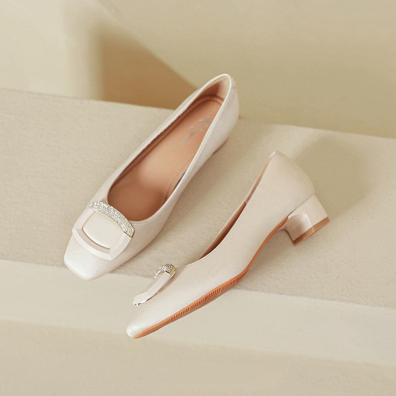 French Low-heeled Shallow-mouth Single Shoes 2025 New Spring and Autumn Huizhou Women's Shoes Soft Leather Square Head Not Tired Feet High Heels