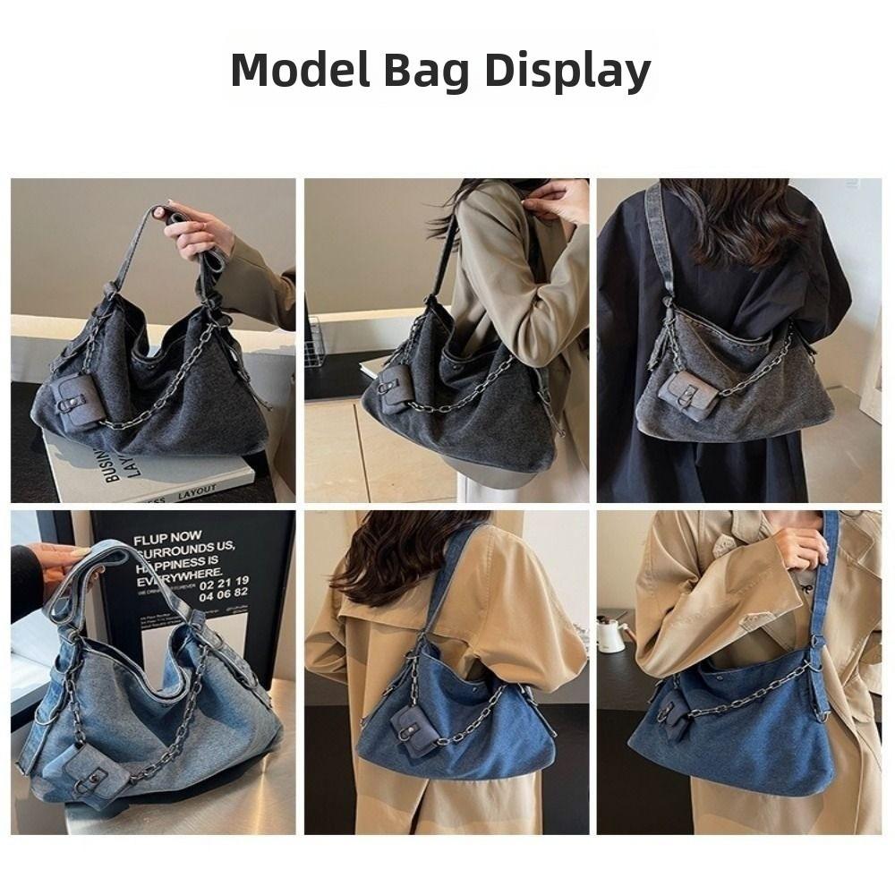 Large Capacity Women's Chain Crossbody Bag Korean Style Satchel Bag Denim Shoulder Bag Travel