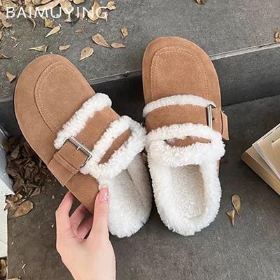 Fur Flats Women Cotton Slipper Suede Short Plush Buckle Mules Shoes 2025 Trend Warm Snow Boots Cozy Home Winter Mujer Zapatillas