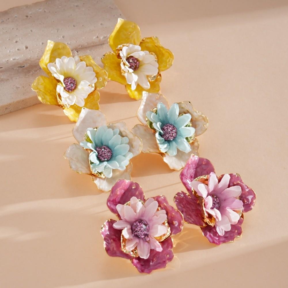 Oil Drip Colorful Flower Earrings Korean Style Floral Ear Studs Exaggerated Ear Pendant Daily