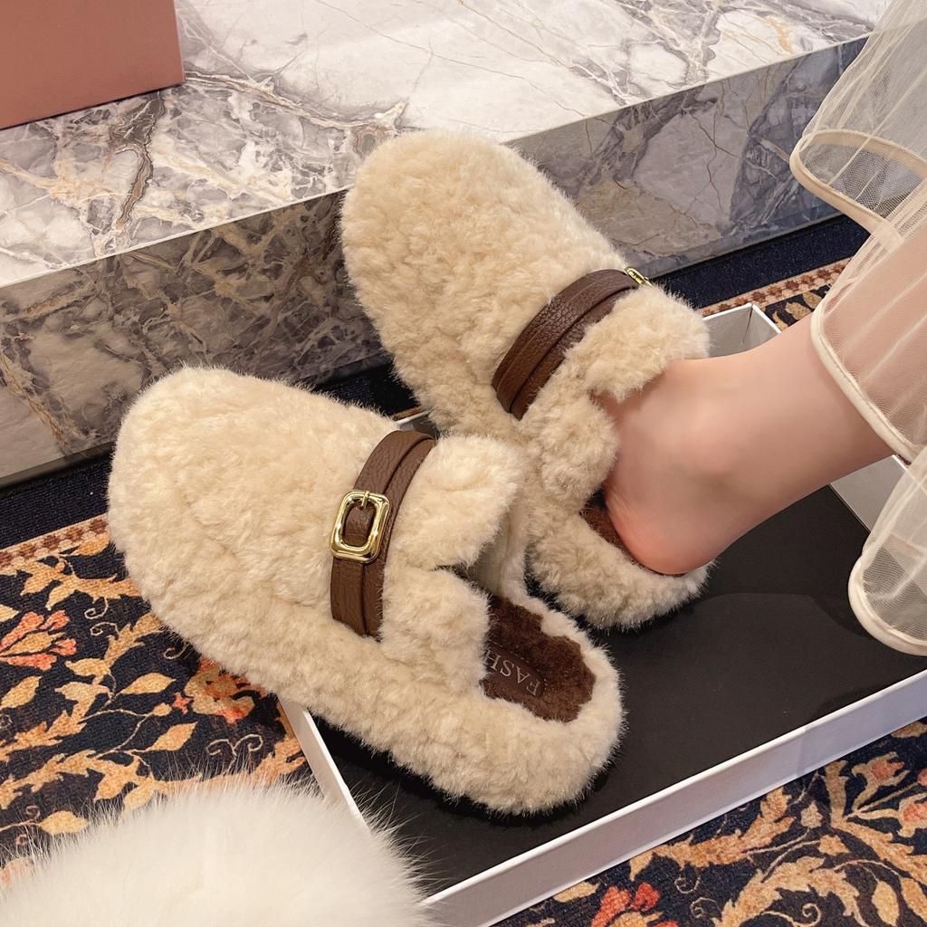 Winter neue zwei Tragevarianten flauschige Schuhe Damen dicksohlige Gürtelschnalle Samt warm ein Pedal Baumwollschuhe Damen Tide