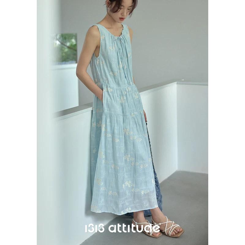 Heavy industry embroidered tencel vest skirt sleeveless blue texture dress XS