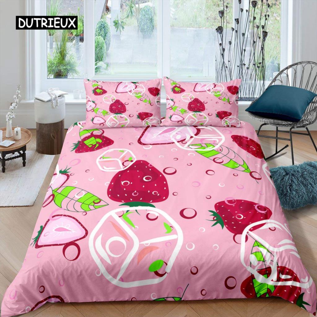 Erdbeer-Bettbezug-Set für Mädchen, King-Size-Bettbezug-Set, rote Erdbeer-Bettwäsche, Essen, Obst, Bettbezug für Kinder, Geschenk