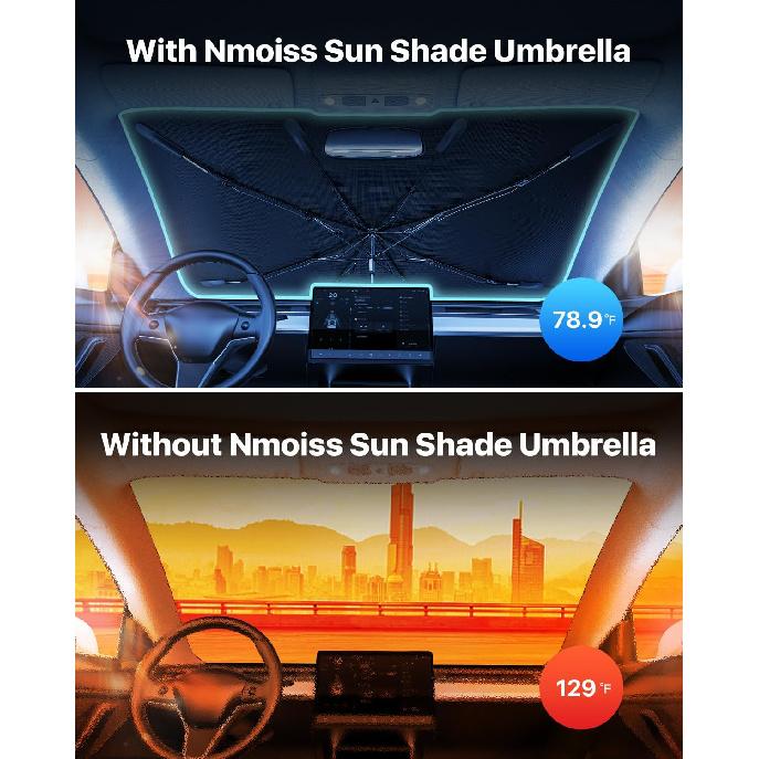Upgrade Nmoiss Windshield Sun Shade Umbrella - [Vinyl Coating Heat Shield] Protect Car from Sun Rays & Heat Damage Keep Cool and Protect Interior,