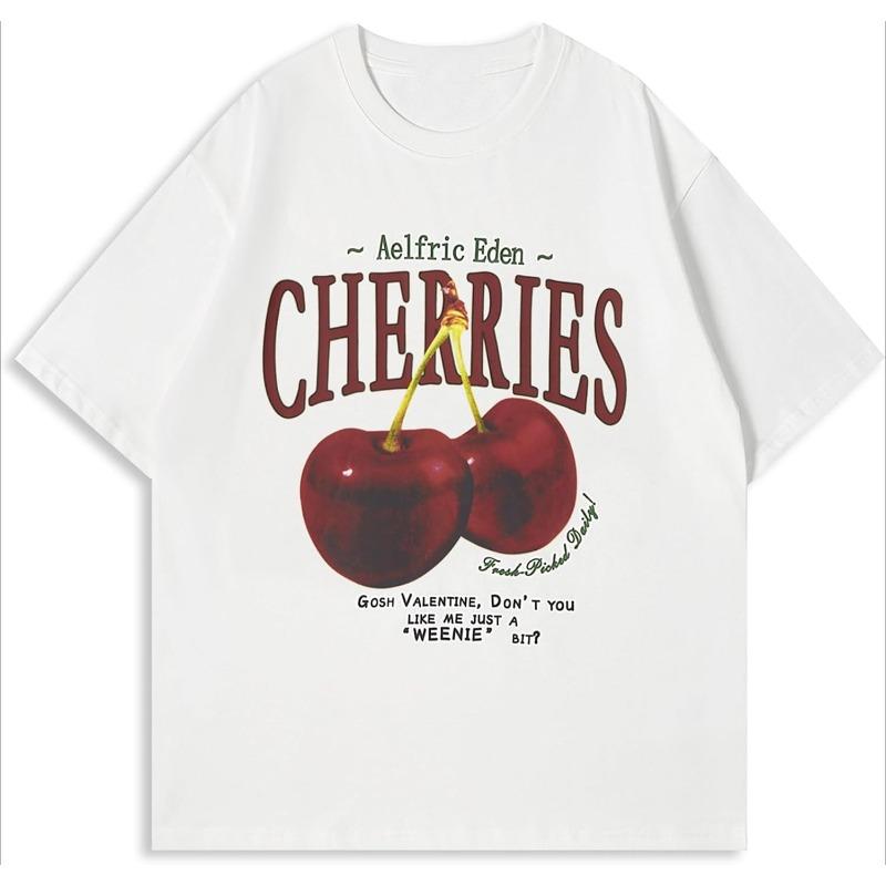 Cherries Print TShirts Casual Daily Womens Short Sleeve Casual LooseFit Crew Neck Top Essential Versatile Style Shirts