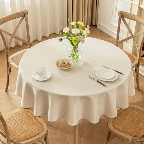 AooHome Runde Tischdecke, Wasserabweisend, Nordischer Stil, Einfarbig, Rechteckig, Stoff, Schlicht, Polyester, Waschbar, 150cm Durchmesser (beige)
