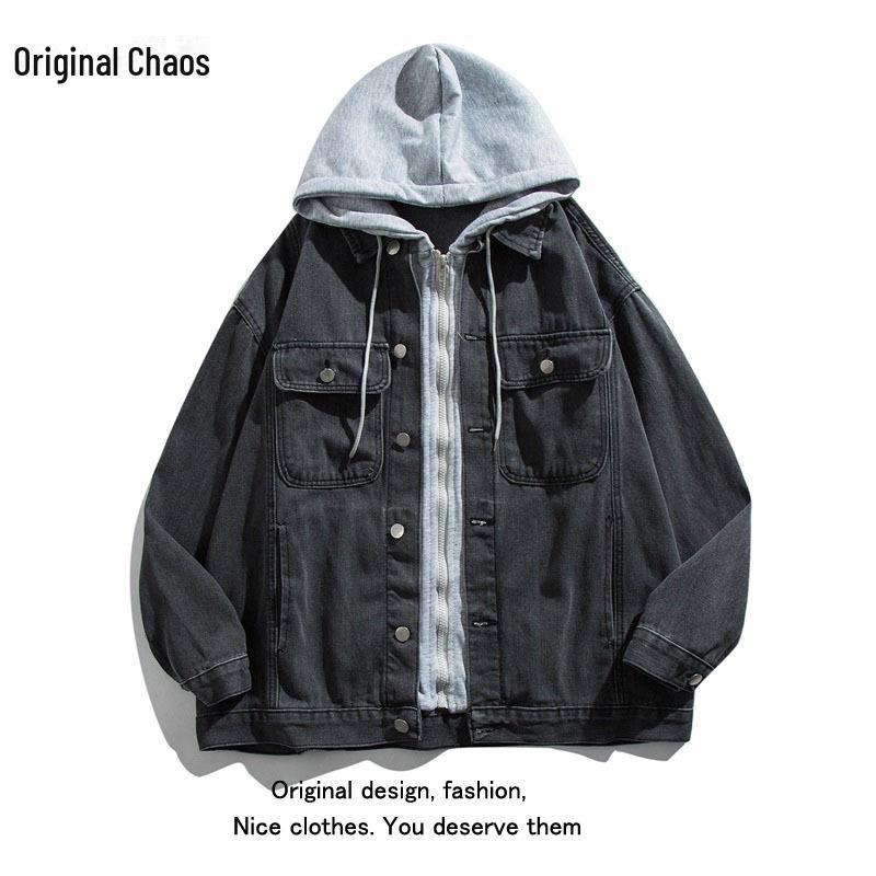 

Мужская джинсовая куртка с капюшоном в стиле колор-блок, весна/осень 2022 – модная японская повседневная одежда Extra Large
