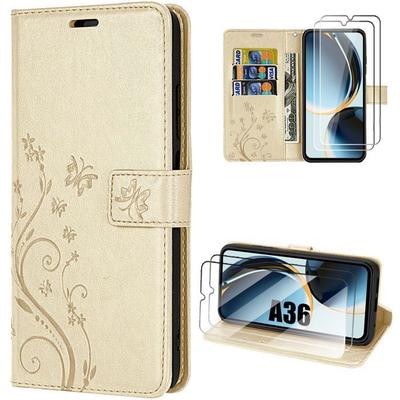 Case for Samsung Galaxy A36 5G - BOOLING - Anti-Scratch Synthetic Leather Embossed Golden Floral - 2 Tempered Glasses