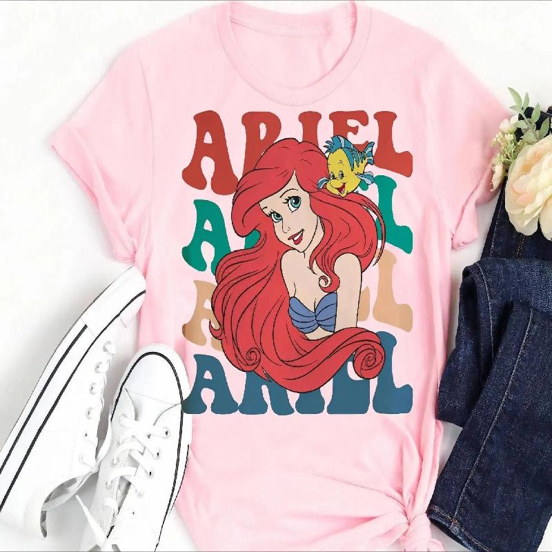 Summer Girls' Fashion Short-Sleeve T-Shirt with Ariel The Little Mermaid Princess Cartoon 100% Cotton Printed T-shirt