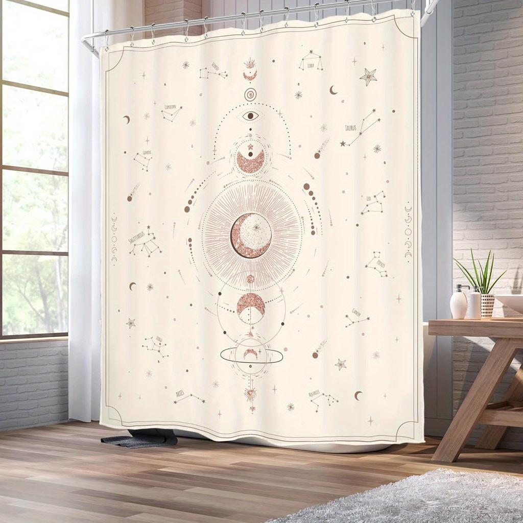 Zodiac Constellation Shower Curtain - Celestial Astrology With Crescent Moon, Galaxy & Tarot Aesthetic, Beige Mystical Design