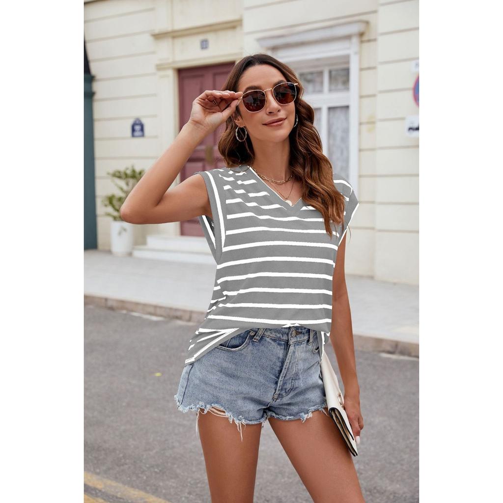 Summer V-neck Striped Loose Short Sleeve T-shirt Top for Women, European American Cross-border Women's Clothing In Stock