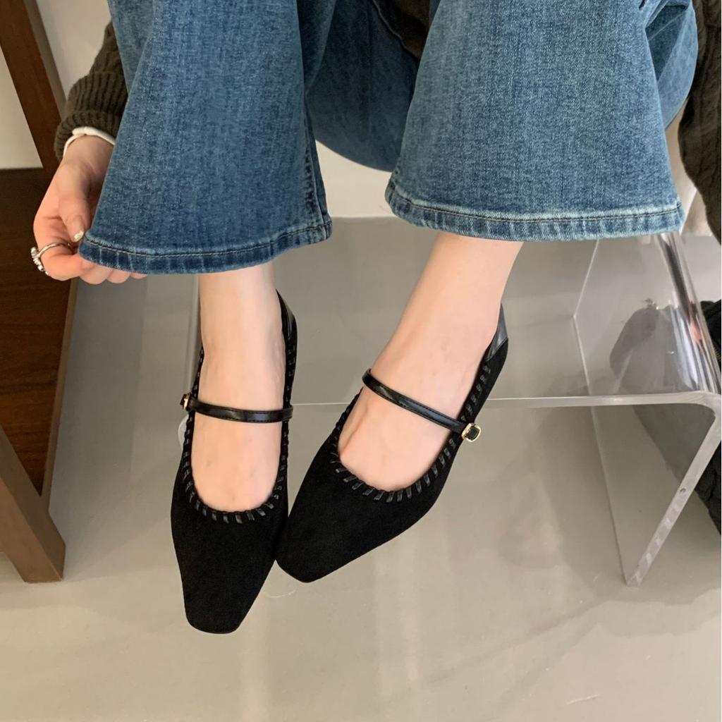 2025 autumn and winter new round head thick middle heel woven word with commute work work suede women's shoes
